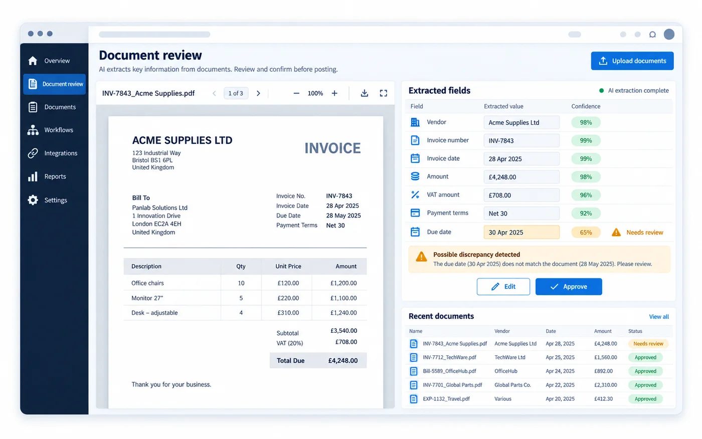 Document review application showing extracted invoice fields, a discrepancy flag and human approval controls