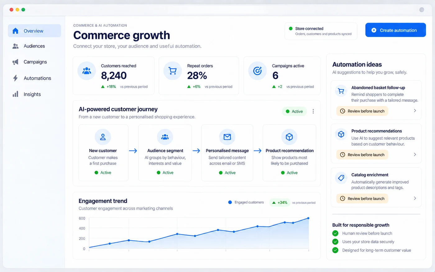 Commerce growth interface connecting audiences, campaigns, product recommendations and reviewed AI automation