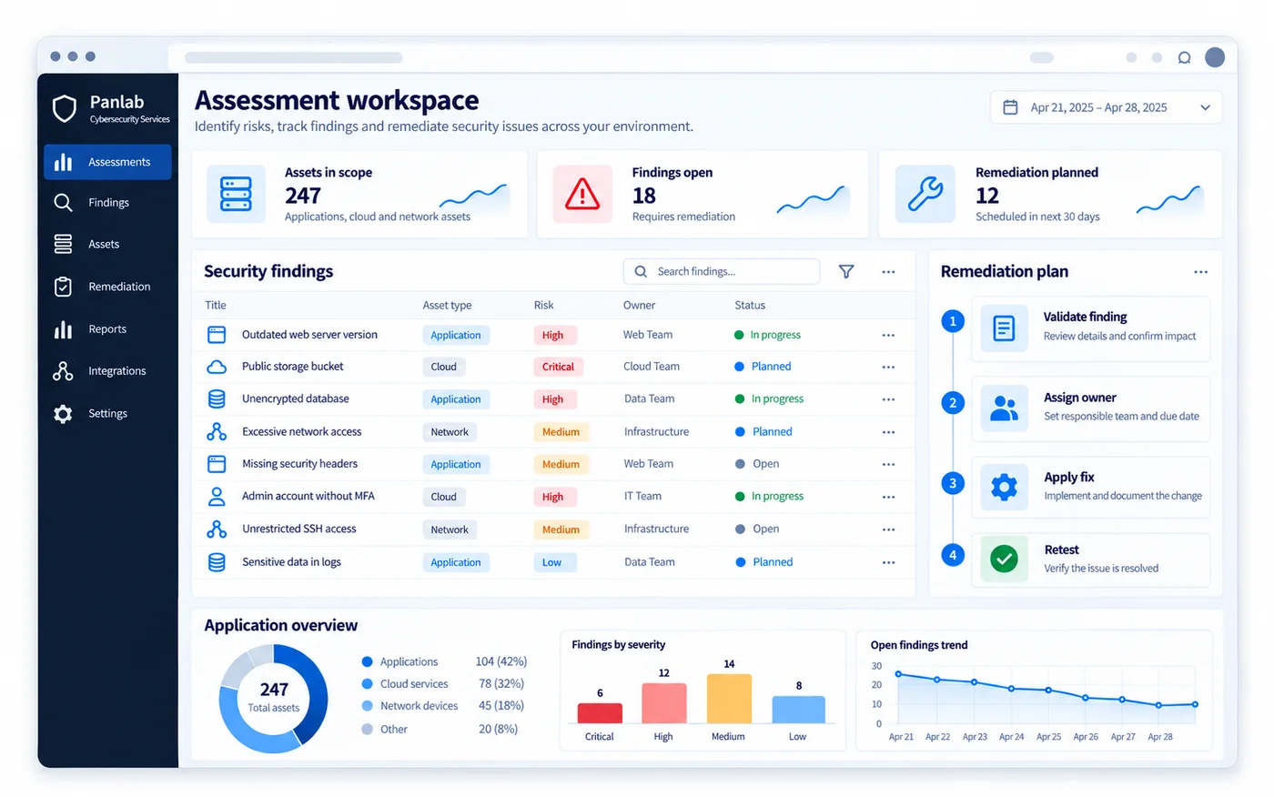 Security assessment application showing findings, risk priorities and a remediation plan