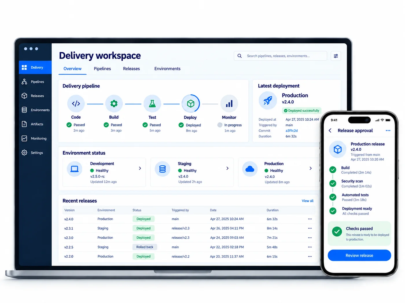 Delivery workspace and mobile release review showing pipeline, deployment and environment status