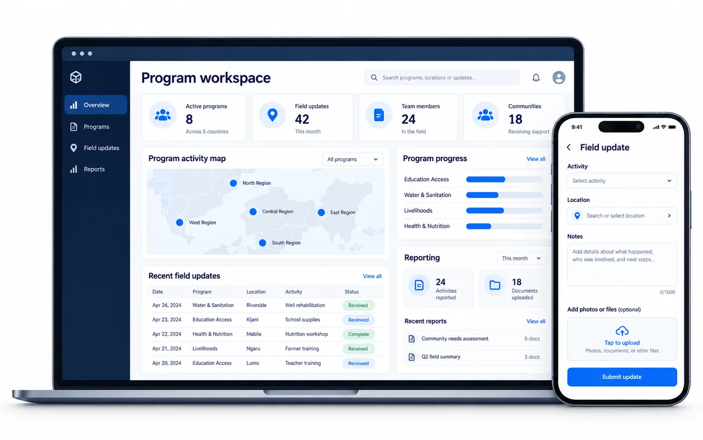 NGO program application and mobile field update form with activity, progress and reporting views