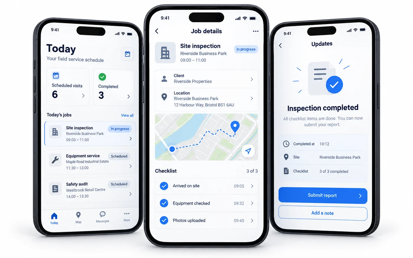 Field service mobile app with a work schedule, inspection checklist and report submission