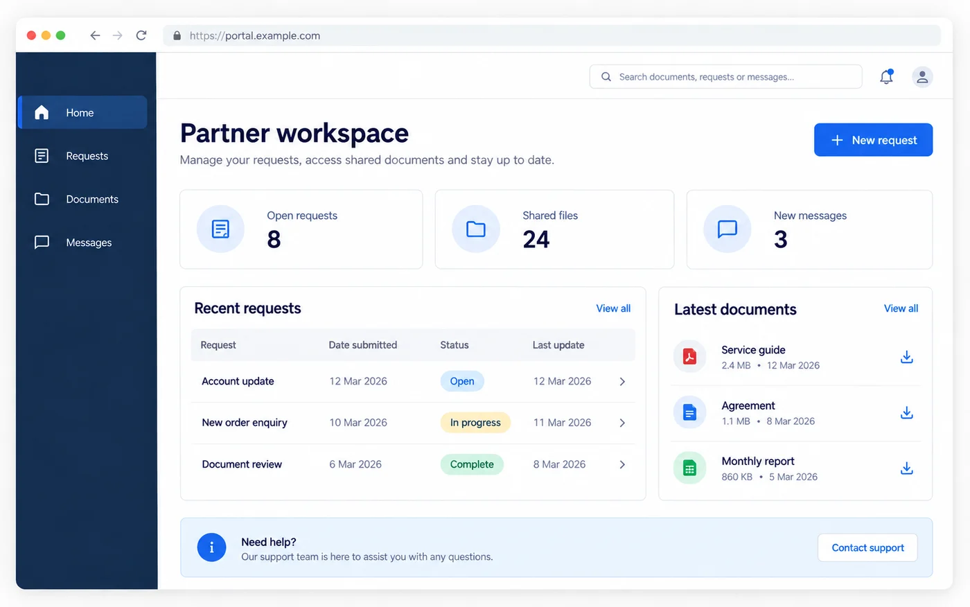 Partner web workspace with requests, shared documents and messages
