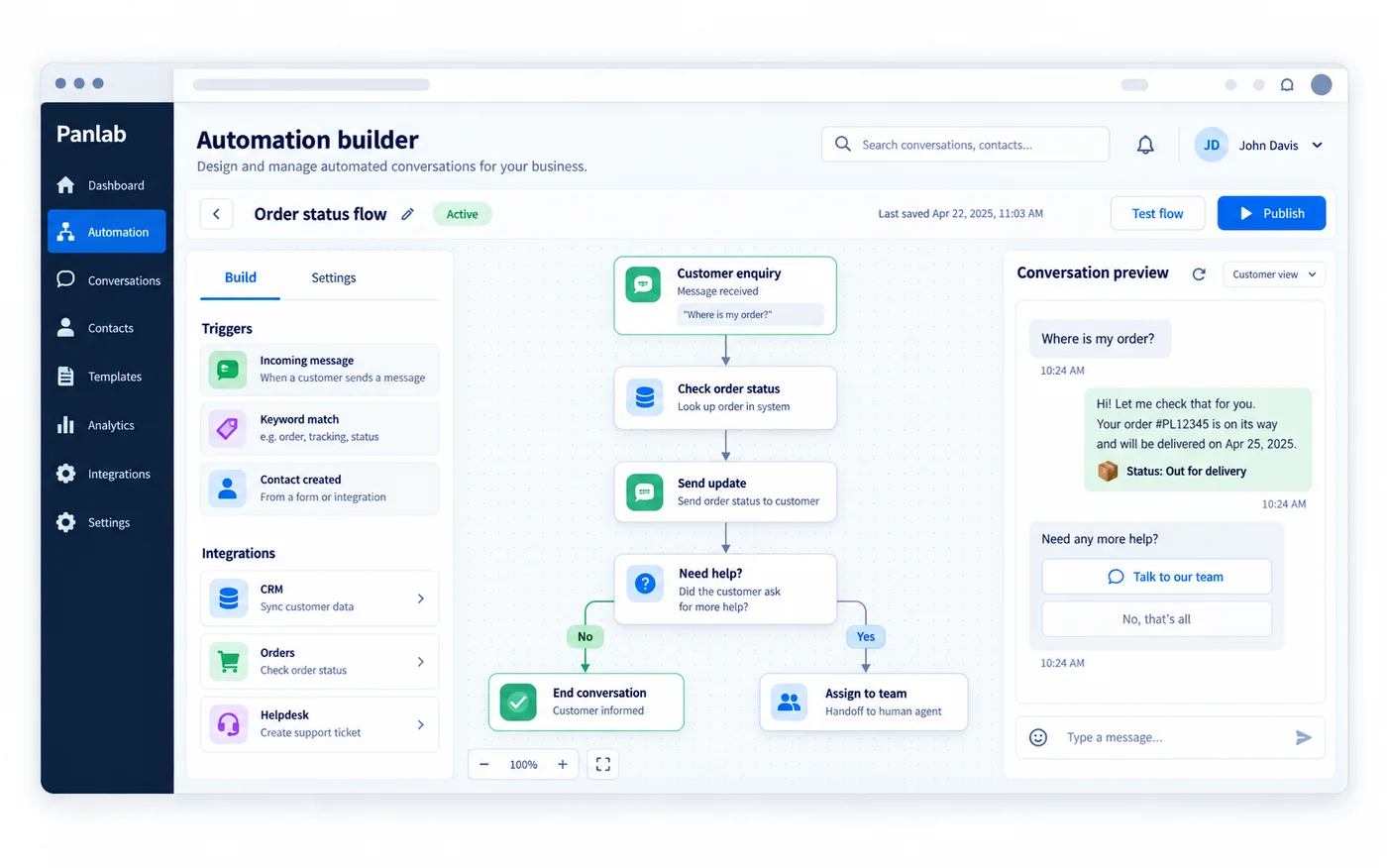 Automation builder connecting an order enquiry to status lookup, message and human handoff